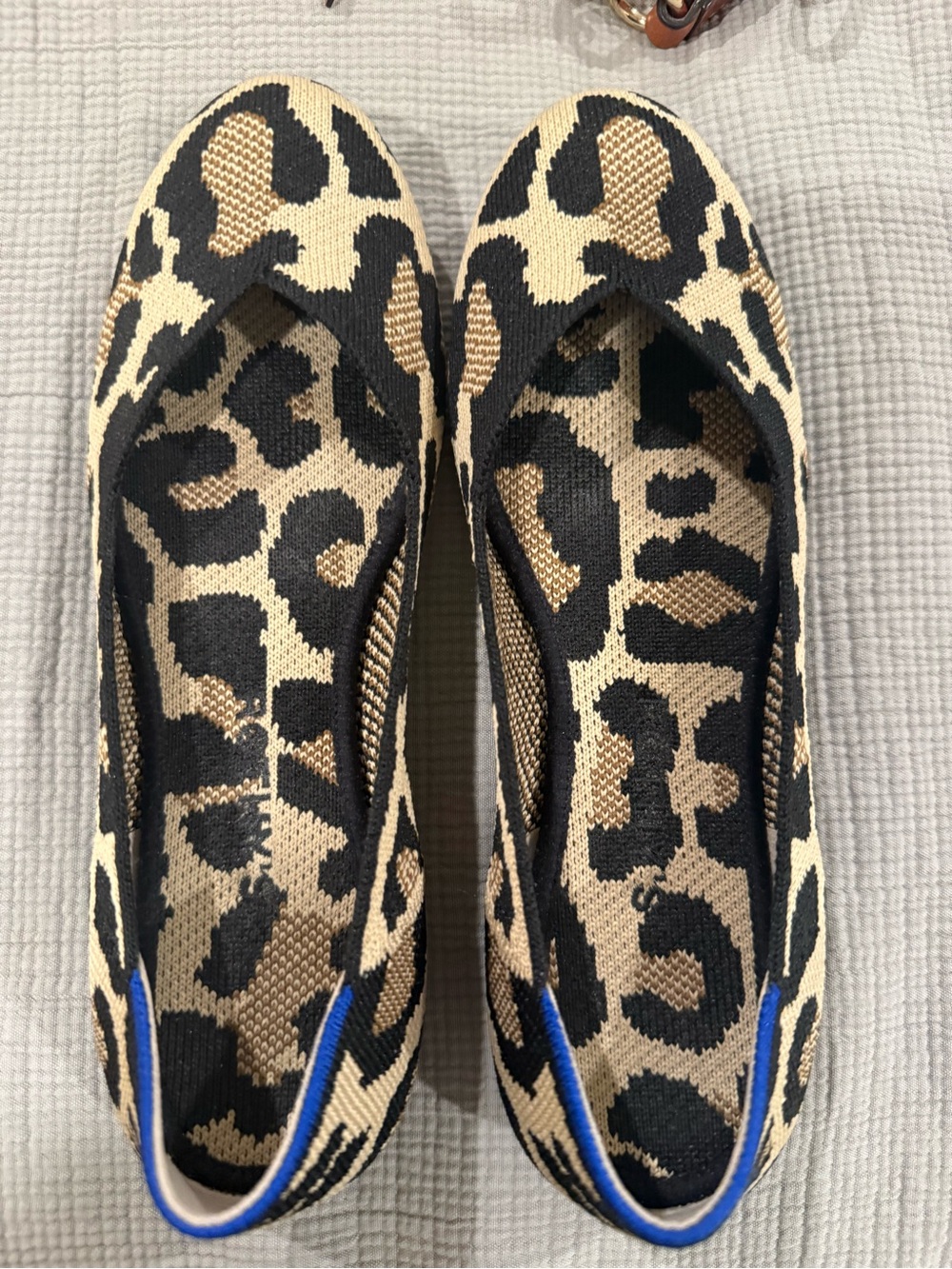 Rothy's Leopard-Print Knit Flats in Tan, Black & Blue Trim